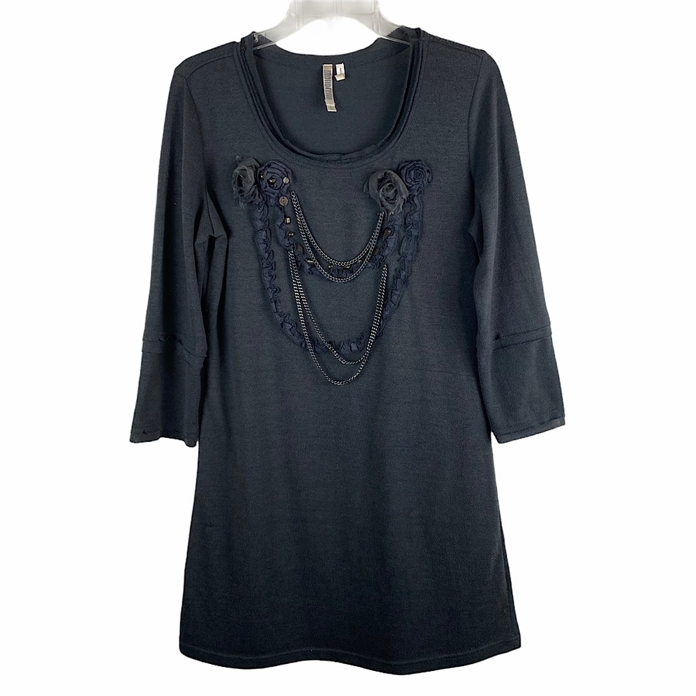 MONORENO Black Dress Embellishe Chain &  Rosettes